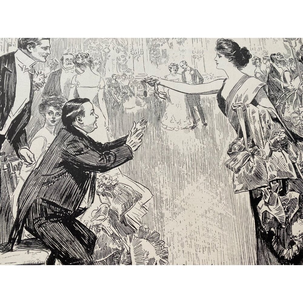 1900's Vintage Print Garden Dress Ball Pen Sketch Charles Gibson ANTIQUE PAPER